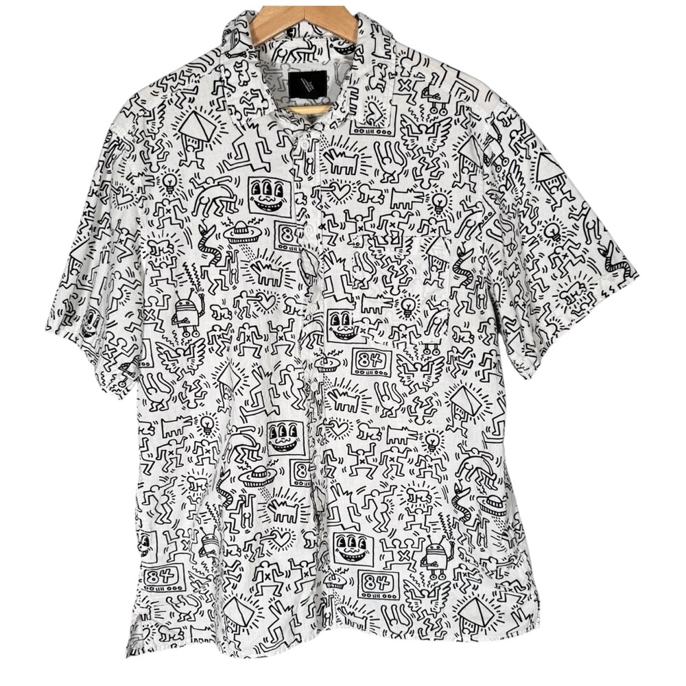 H&M x Keith Harig Men's Short Sleeve Cotton Button Down Print S